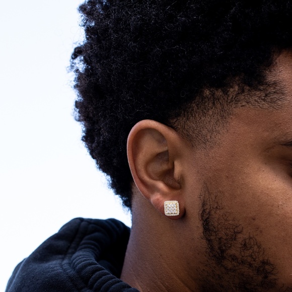 Mens 14K Gold Sterling Silver Screw Back 3D Square Princess Cut Stud Earrings - Picture 4 of 5